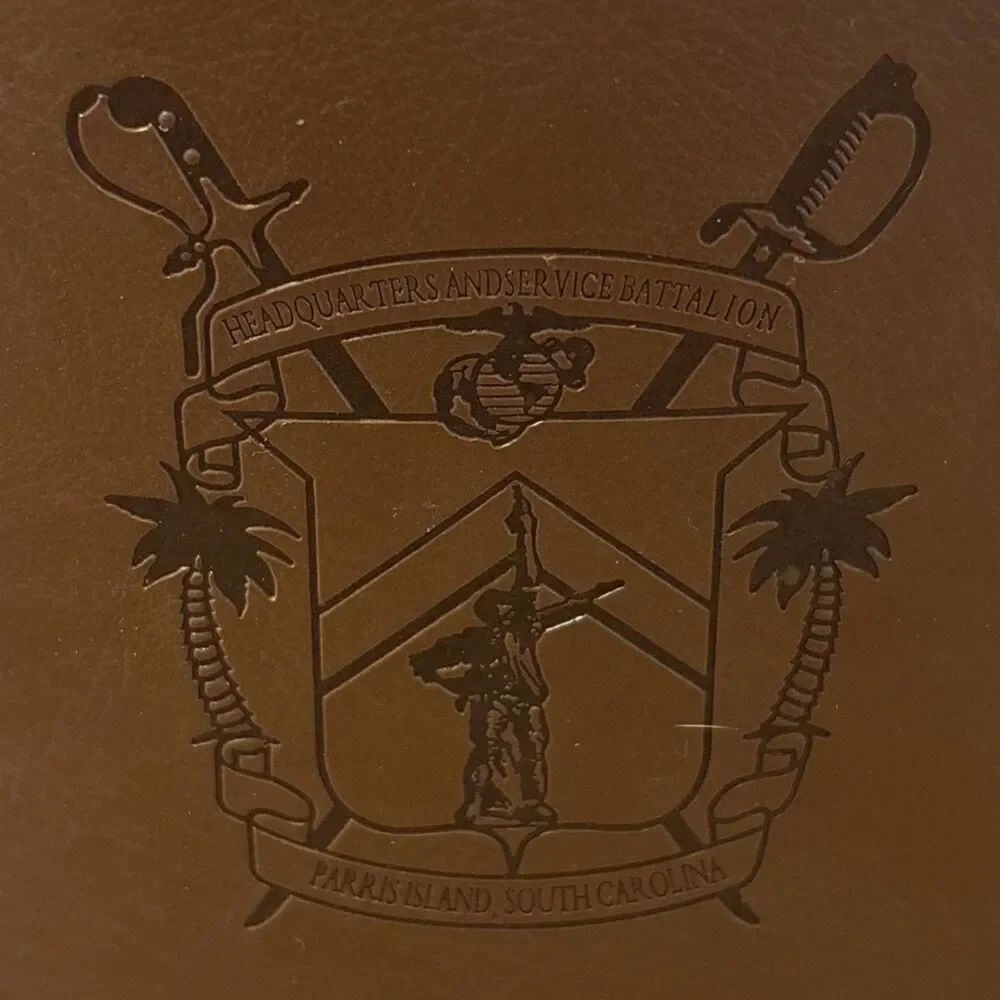 USMC Parris Island Headquarters And Service Bat 6oz Stainless & Leather Flask